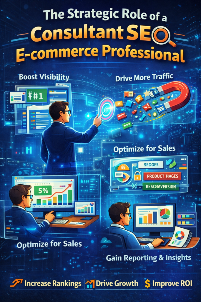 Digital illustration of a consultant SEO e-commerce professional boosting rankings, driving traffic, optimizing sales funnels, and analyzing performance reports.