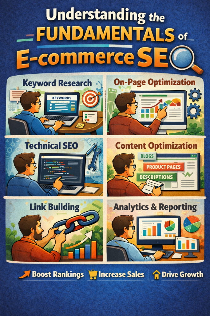 Educational infographic explaining e-commerce SEO fundamentals including keyword research, on-page optimization, technical SEO, content optimization, link building, and analytics.