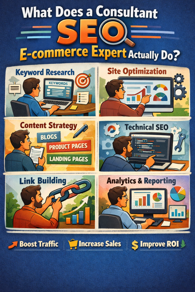 Illustration showing a consultant SEO e-commerce expert performing keyword research, site optimization, content strategy, technical SEO, link building, and analytics reporting.