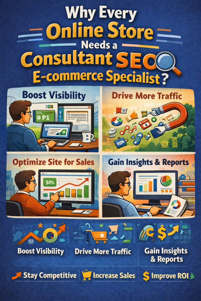 Illustration showing an online store owner working with a consultant SEO e-commerce specialist to boost visibility, drive traffic, and increase sales.