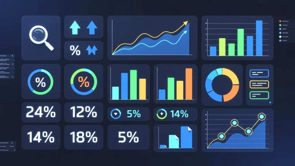Digital analytics dashboard with charts, percentages, and performance graphs illustrating Adapting to Algorithm Updates through data monitoring and SEO performance analysis.