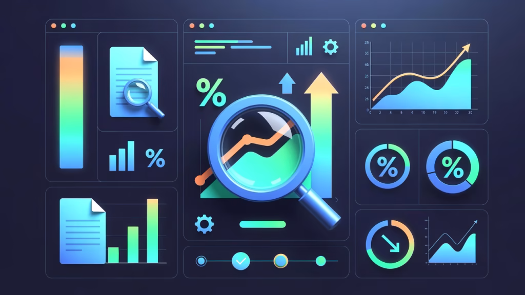 Dashboard interface displaying charts, percentages, and growth graphs representing Analytics Reporting and Performance Tracking for digital marketing and SEO analysis.