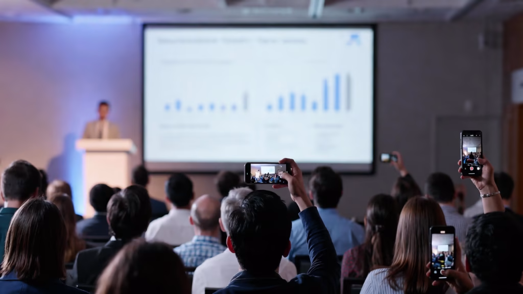 Audience watching a business presentation while recording the screen with smartphones, representing Audience Research: The Secret Weapon Behind High-Performing Content.