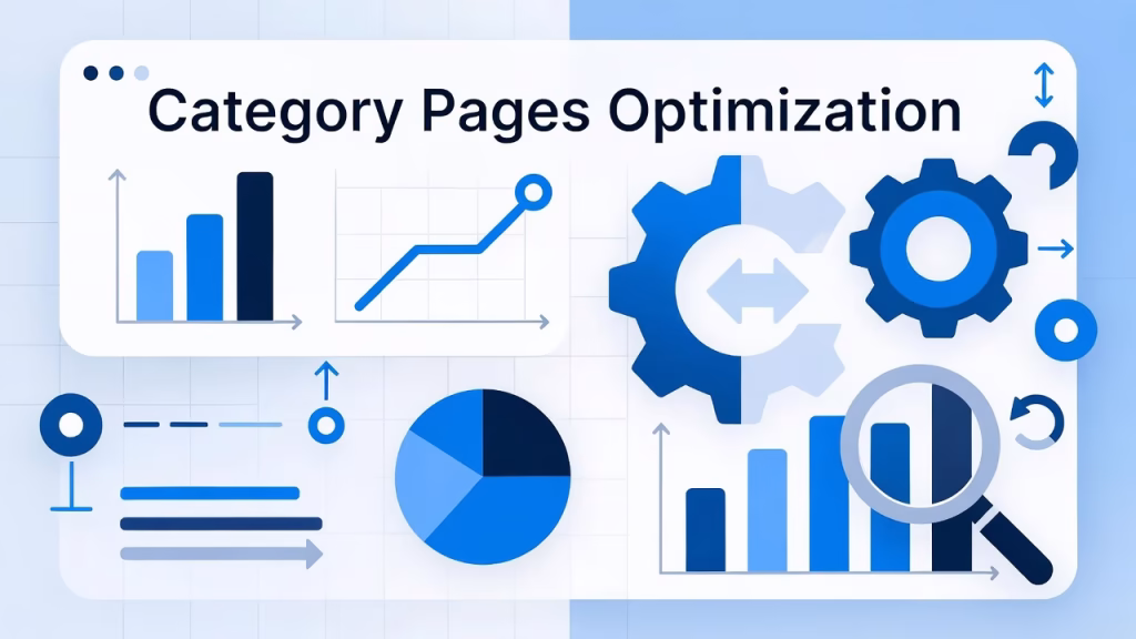 Category Pages Optimization illustration showing analytics charts, gears, and SEO performance graphs representing optimization of e-commerce or website category pages.