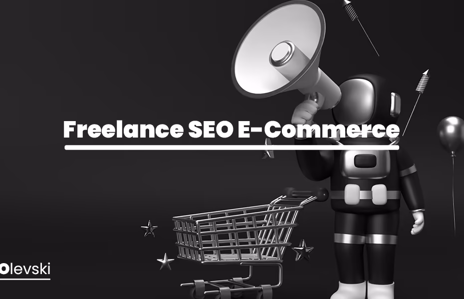 Freelance SEO E-Commerce concept image showing a 3D character holding a megaphone beside a shopping cart, representing online store promotion and SEO marketing.
