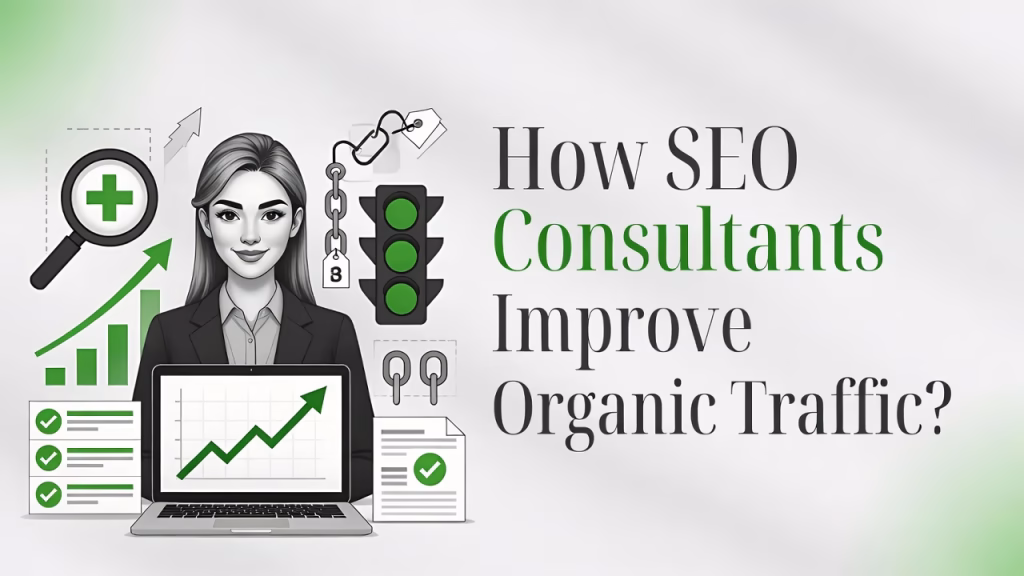 Illustration showing a professional with analytics charts and growth indicators, explaining How SEO Consultants Improve Organic Traffic? through data-driven strategies.