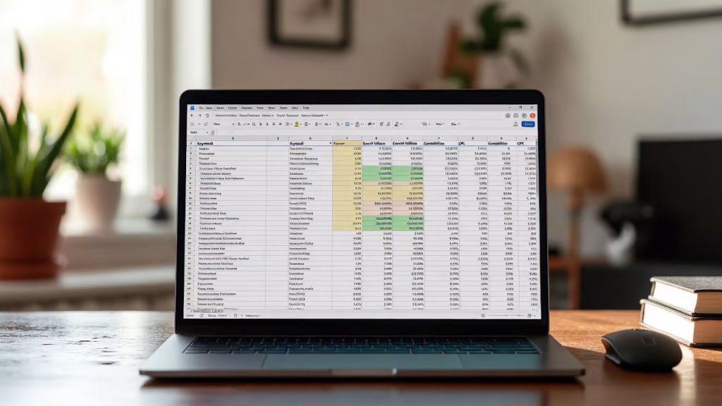 Laptop displaying a spreadsheet with keyword data and analytics, representing the Importance of Keyword Research for E-Commerce and data-driven SEO planning.