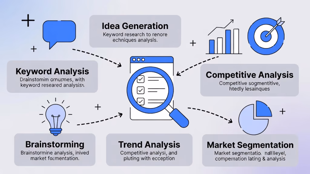Infographic showing Keyword Research Techniques Used by Experts including keyword analysis, brainstorming, trend analysis, idea generation, competitive analysis, and market segmentation.