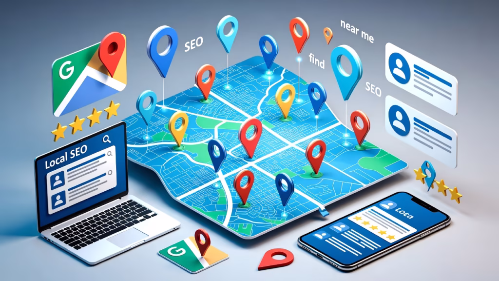Illustration of a digital map with multiple location pins, ratings, and devices showing Local SEO and Local Listings Management for improving local search visibility.