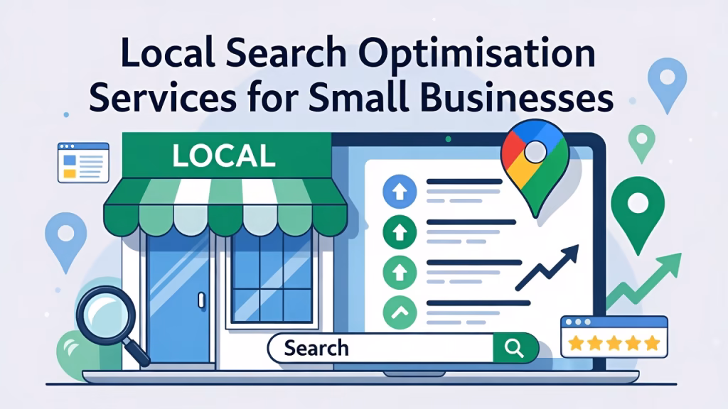 Illustration representing Local Search Optimisation Services for Small Businesses with a storefront, search bar, Google map pin, ranking arrows, and online reviews.