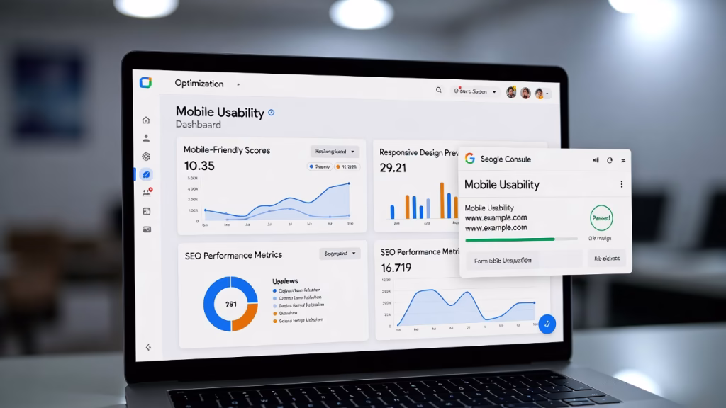 Laptop displaying dashboard with mobile-friendly scores and SEO metrics, representing Mobile Usability Optimization and responsive website performance.