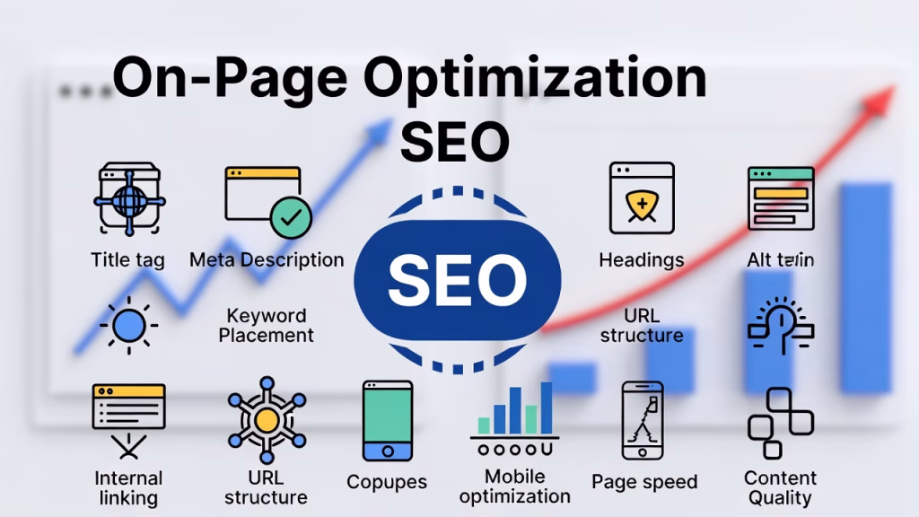Infographic showing SEO elements like title tags, meta descriptions, keyword placement, and internal linking, representing On-Page Optimization for Blog Growth.