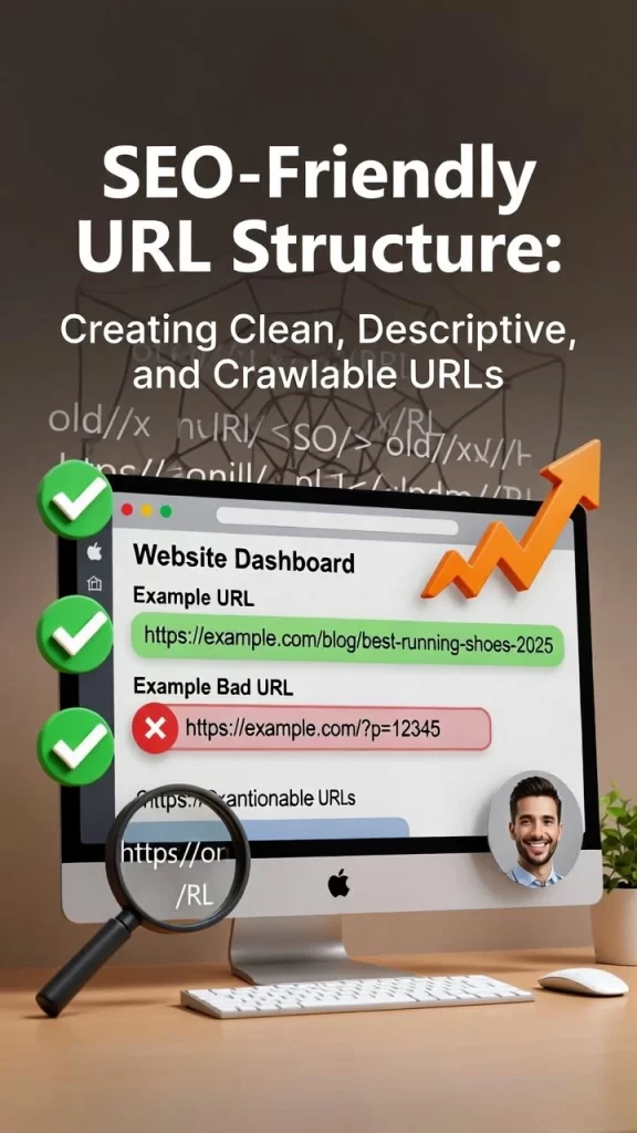 SEO-Friendly URL Structure Creating Clean, Descriptive, and Crawlable URLs illustration showing a website dashboard with a good example URL, a bad parameter-based URL, green checkmarks, a magnifying glass, and a growth arrow.