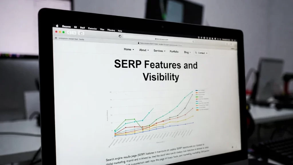 Laptop screen displaying analytics charts and the heading SERP Features and Visibility, illustrating SEO performance tracking and search result optimization.