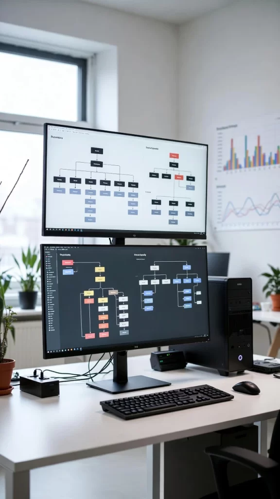 Site Architecture Optimization Designing a Logical, Crawl-Friendly, and Scalable Website Structure concept showing dual monitors with website hierarchy diagrams and structured flowcharts representing organized site architecture.