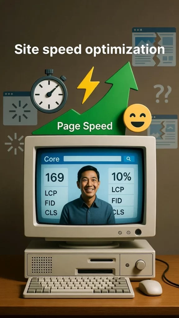 Site Speed Optimization Improving Core Web Vitals, Page Rendering, and User Experience Signals illustration showing a vintage computer displaying Core Web Vitals metrics like LCP, FID, and CLS with a page speed arrow, stopwatch, and performance icons.