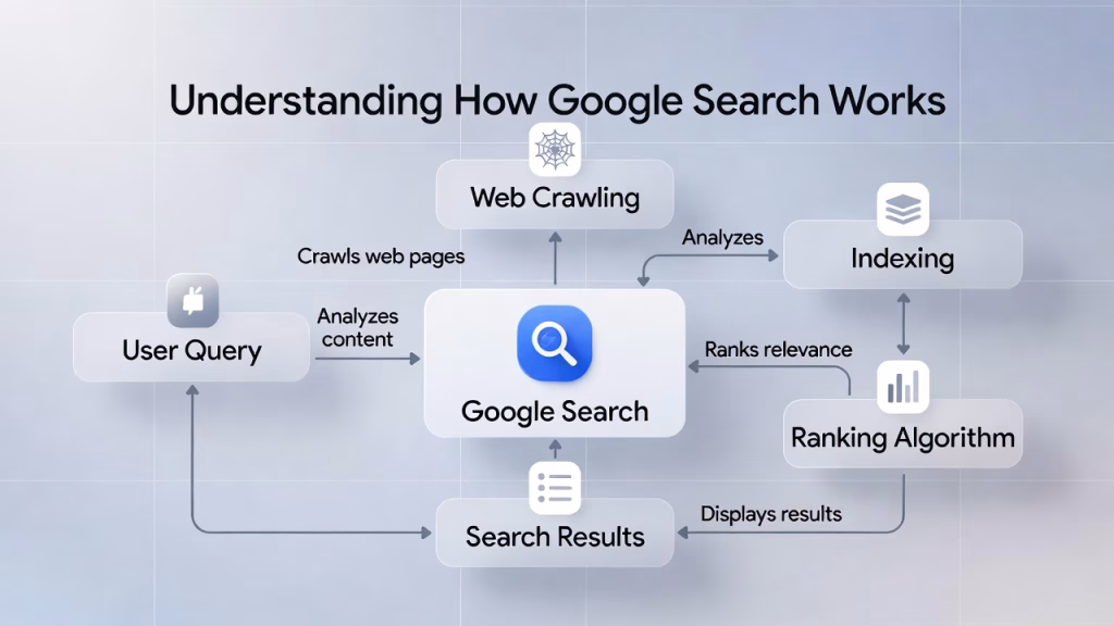 Computer workspace displaying Google search interface with analytics charts and SEO elements, illustrating Understanding How Google Search Works.