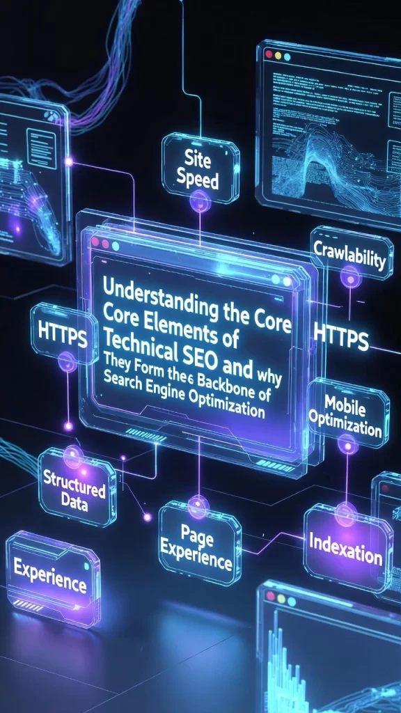 Understanding the Core Elements of Technical SEO and Why They Form the Backbone of Modern Search Engine Optimization futuristic infographic showing site speed, crawlability, HTTPS, mobile optimization, structured data, page experience, and indexation connected through a digital network interface.