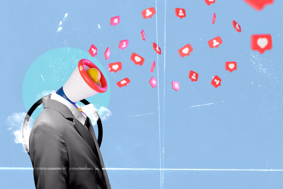 Creative illustration representing What is the Content Marketing? showing a megaphone-headed figure spreading social media engagement icons like likes and followers.