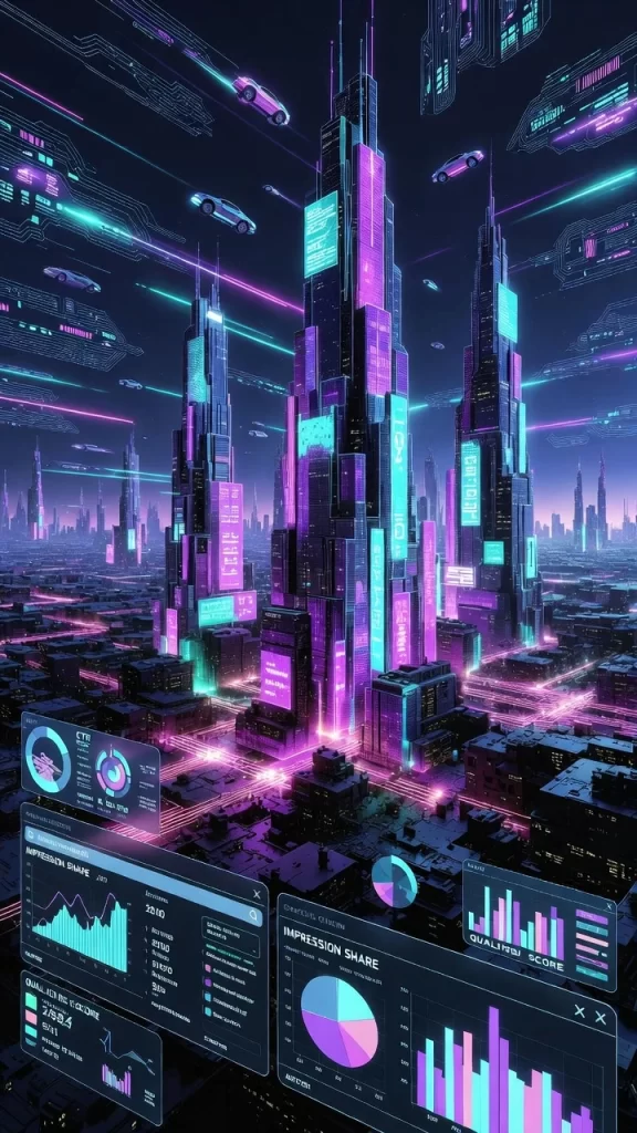 Why Technical SEO Has Become More Critical Than Content Alone in Today’s Algorithm-Driven Search Landscape? futuristic cityscape with glowing data dashboards, analytics charts, skyscrapers connected by digital networks, and neon data streams representing algorithm-driven search systems.