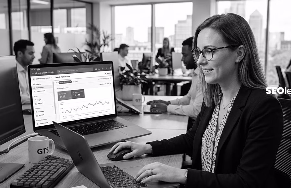 Professional working on a laptop displaying google search console dashboard with performance metrics, clicks, and impressions in an office environment.